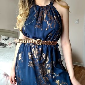 Blue and Gold Formal Above the Knee Dress
